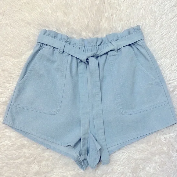 Rhythm Harper Blue Chambray Paperbag Style High Waist Shorts Size 6 - Picture 3 of 8